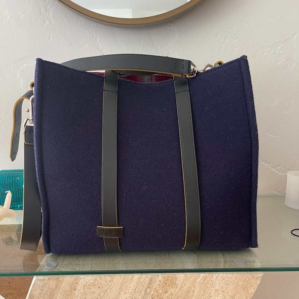 Fendi Felt Tote bag, Navy Blue with Red Stripe detail on inside.